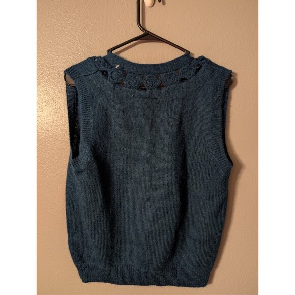 Vintage Russ Petites Mohair Wool Sweater Vest Teal M Crochet Trim V-Neck - Picture 3 of 4